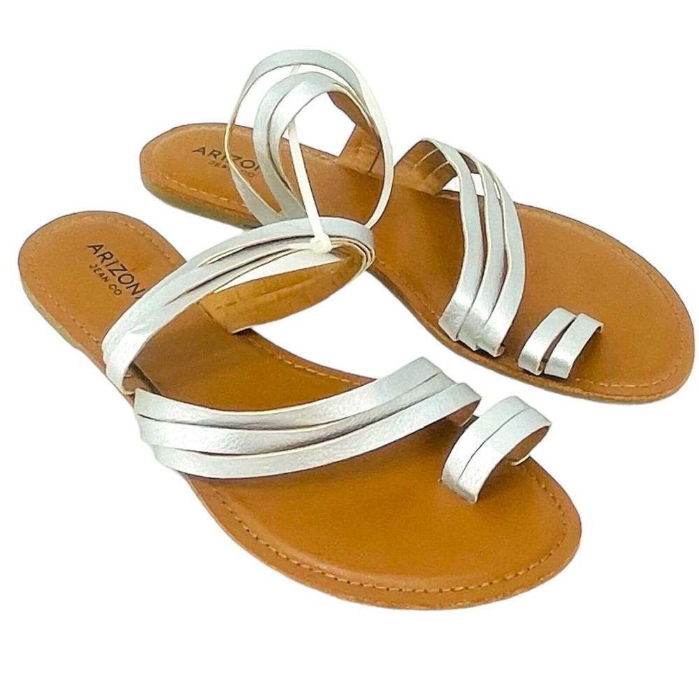 Arizona Jeans Co. NEW Metallic Silver Brown Strappy Slip On Toe Sandals Size 9.5